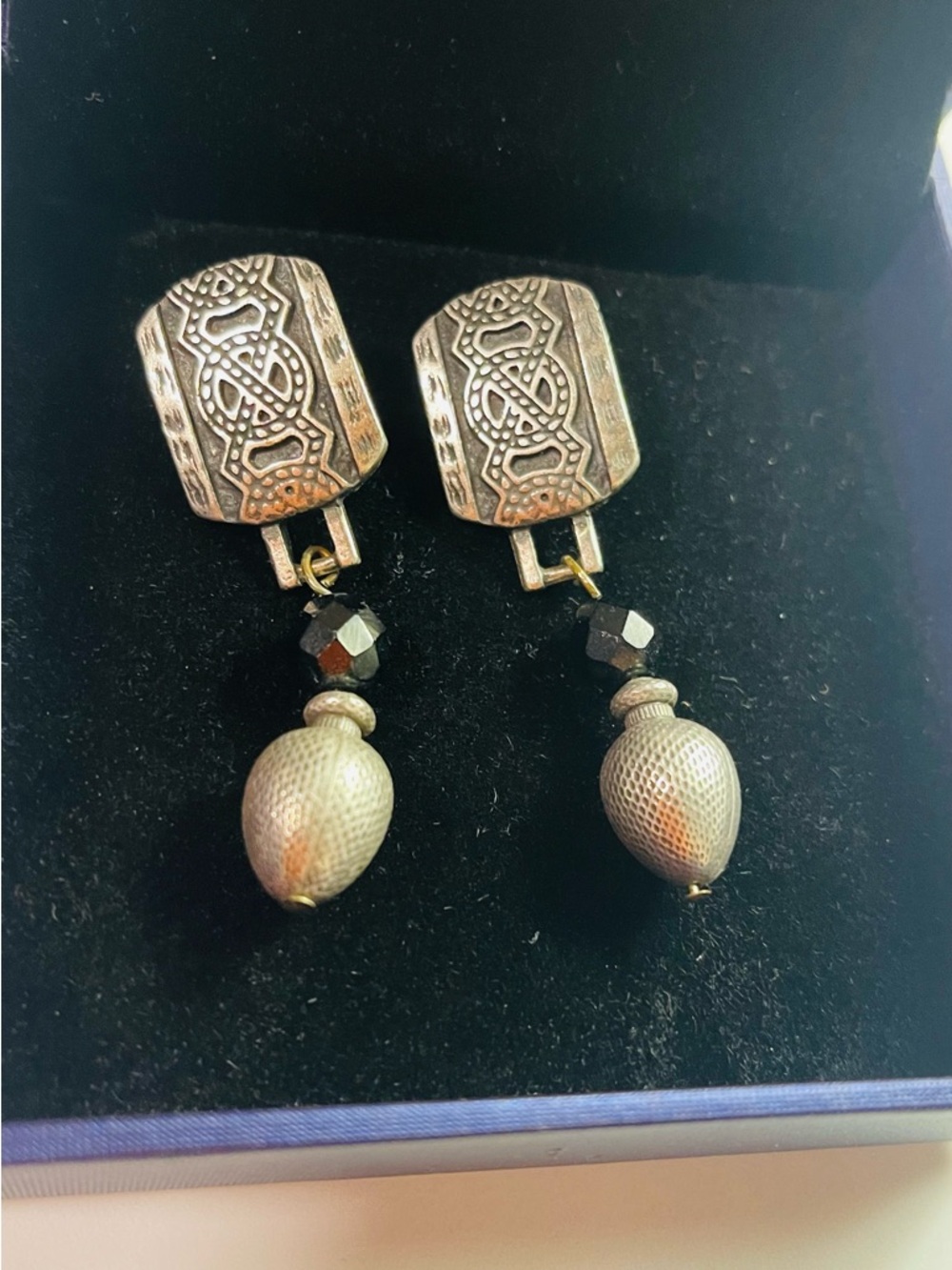 Antique-Style Silver Drop Earrings with Textured Beads